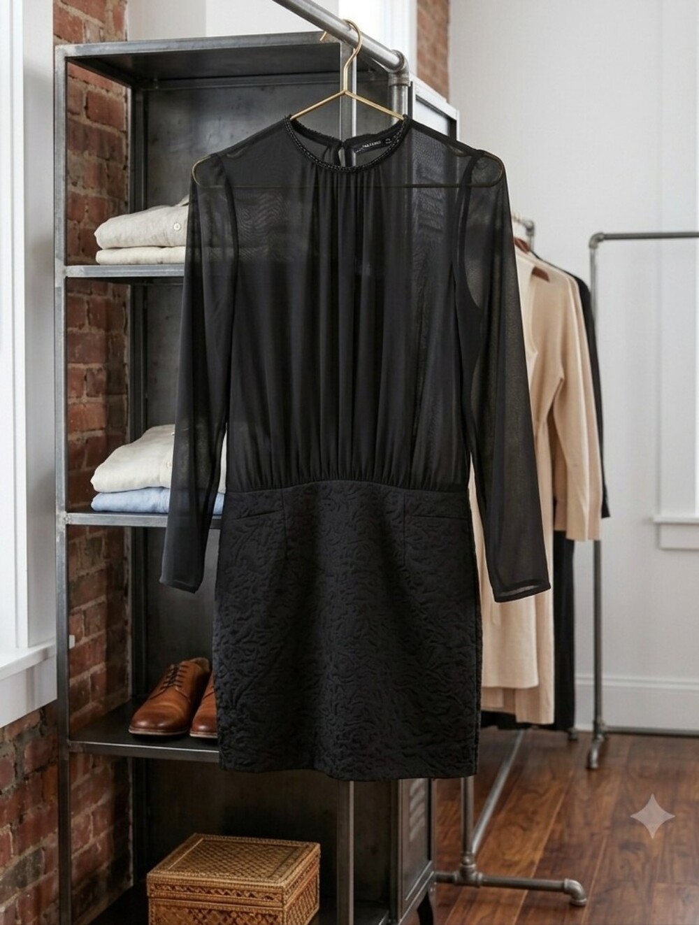 Zara Black Sheer-Sleeve Mini Dress